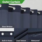 No Hooks Needed Linen Textured Shower Curtain with Snap-in Fabric Liner Set,Hotel Luxury Decor Waterproof Shower Curtains for Bathroom with Mesh Top Window,Washable,71Wx74H,Navy Blue