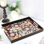 Spsyrine Decorative Serving Tray with Handles, Black Lacquered Coffee Table Tray for Ottoman, Rectangle Waterproof Platters for Centerpieces, Parties, Living Room, Kitchen Counter Organization Peacock