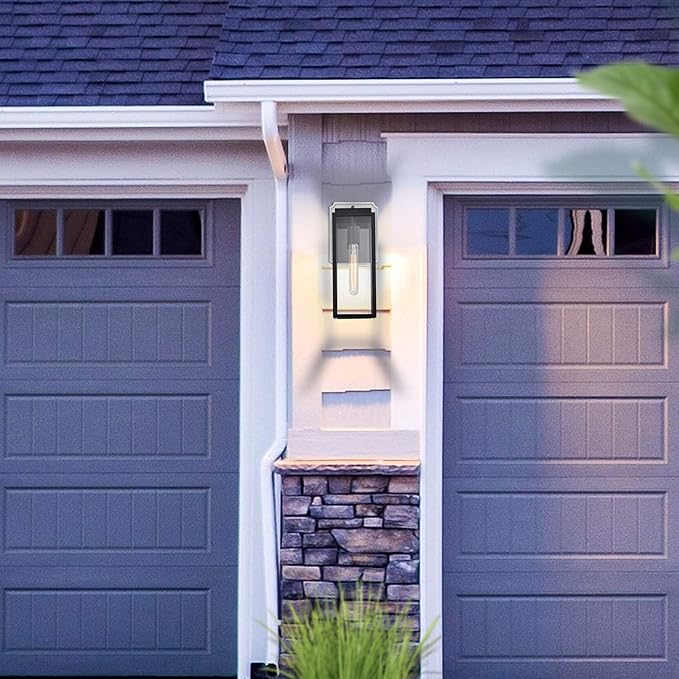 MICSIU Dusk to Dawn Outdoor Lighting, 14.5 Inch Exterior Wall Mount Lantern with Clear Glass, Industrial Textured Black Outside Lighting for Front Porch