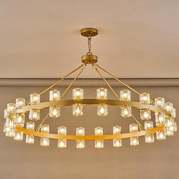 48 Inch Gold Wagon Wheel Chandelier with Crystal Shade, 48 Lights, Modern Farmhouse Style, Ideal for Dining Room, Kitchen, Entryways
