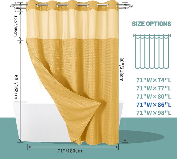 Gold No Hook Waffle Weave Shower Curtain with snap-in Liner Replacement, 230GSM Waterproof Fabric Hotel Shower Curtain Set for Bathroom, Through Mesh Top Window,71Wx86H