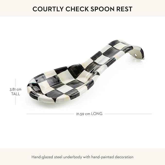 MACKENZIE-CHILDS Enamel Spoon Rest, Kitchen Spoon Holder and Utensil Rest for Stovetop, Black-and-White Courtly Check