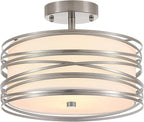 Drum Semi Flush Mount Ceiling Light Fixture Vintage 12.2" Modern Farmhouse 2-Lights Linen Drum Ceiling Lighting Rustic Chrome Ceiling lamp for Dining Room, Bedroom, Laundry Room