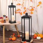 Vintage Lanterns Decorative Outdoor Indoor, 23'' 17'' Set of 2 Black Metal Candle Lantern, Lantern Decor for Retro Living Room, Patio, Fireplace, Porch, Garden, Balcony, Wedding Floor Lantern