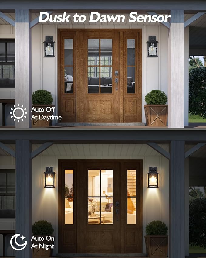 Dusk to Dawn Outdoor Wall Light Fixture, Hardwired Matte Black Porch Light, Waterproof Rustproof Outside Wall Lantern for House, Patio, Front Door, 12 Inch, Bulb Not Included