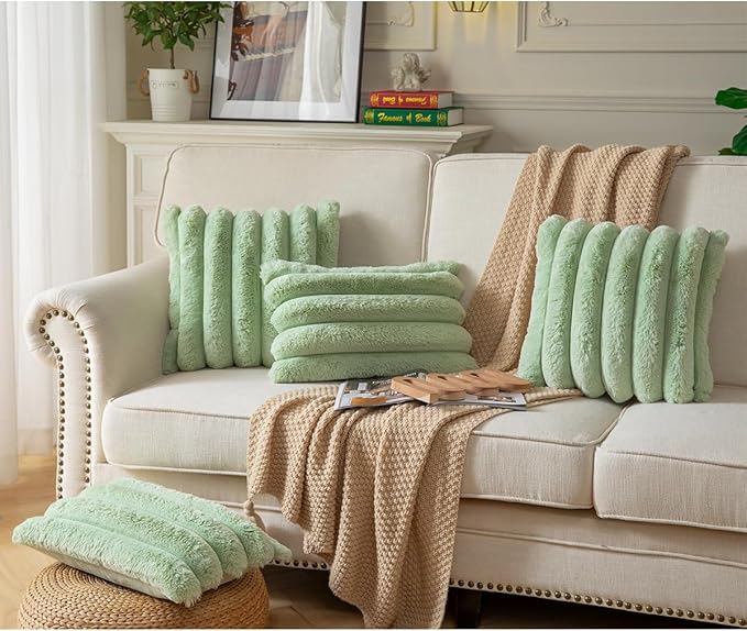 Faux Fur Plush Throw Pillow Covers 16x16 Inch Set of 2 - Luxury Decorative Fuzzy Striped Soft Cozy Pillowcase for Couch, Sofa, Living Room - Green