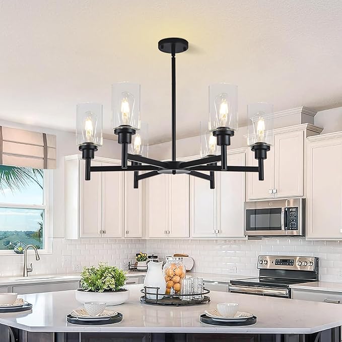 6 Light Farmhouse Chandelier Black Dining Room Light Fixture Over Table Industrial Hanging Pendant Lighting for Living Room Foyer Kitchen Island Adjustable Height E26 Socket with Glass Shade