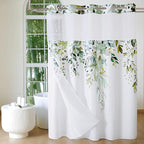 QiyI No Hook Shower Curtain with Snap in Fabric Liner, Sage Green Eucalyptus Shower Curtain with See Through Top Window, Waterproof Washable Cloth Ringless Shower Curtain Set for Bathroom, 72 x 81