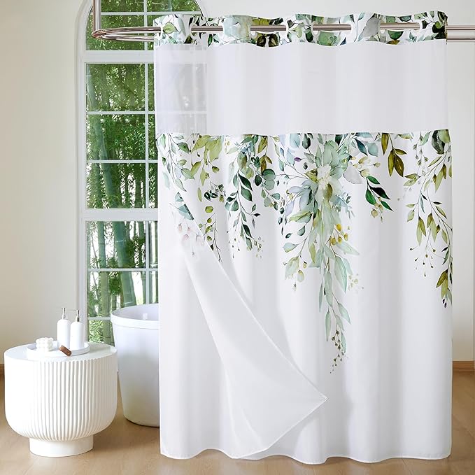 QiyI No Hook Shower Curtain with Snap in Fabric Liner, Sage Green Eucalyptus Shower Curtain with See Through Top Window, Waterproof Washable Cloth Ringless Shower Curtain Set for Bathroom, 72 x 81