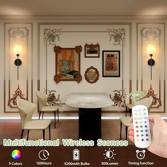 Battery Operated Wall Sconces Set of 2, 120H Usage Time 22.6" Rechargeable Wall Light with Dimmable Bulb, 12 Colors Wall Sconce for Bedroom Living Room, Black