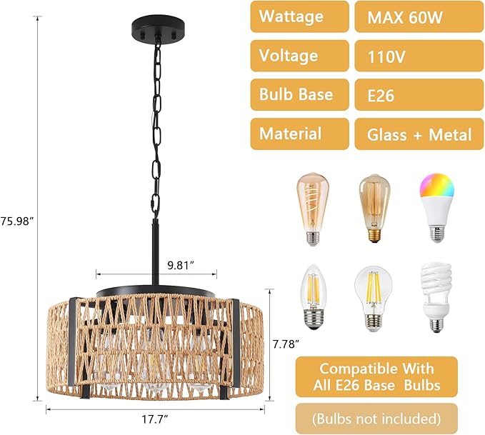 Rattan Chandelier,4-Light Chandeliers for Dining Room Hand Woven Rattan Light Fixture Farmhouse Chandelier for Kitchen Island Bedroom, Living Room, Entryway, Foyer (E26 Bulbs Not Included