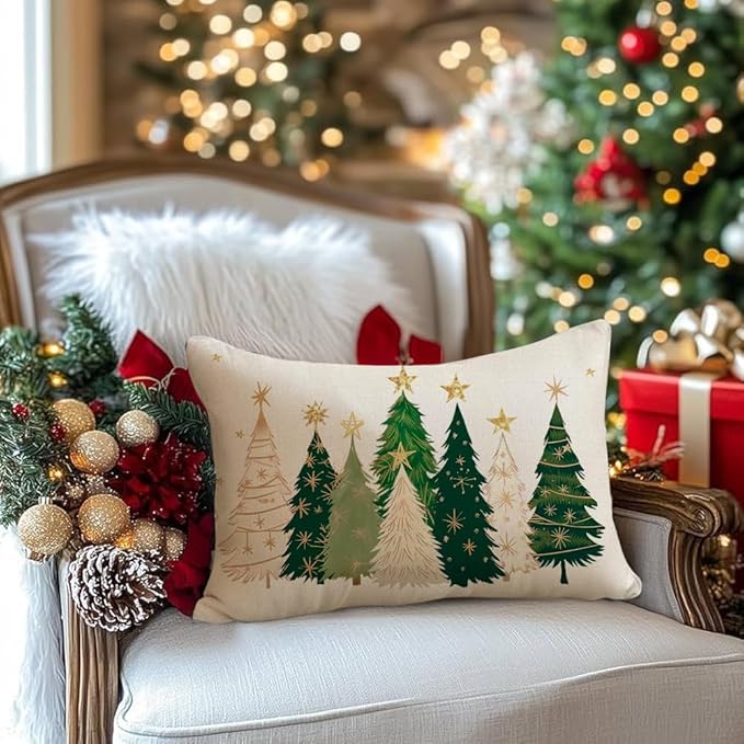 RABUSOFA Christmas Tree Pillow Covers 12x20 Inch,Watercolor Xmas Decor Stars Winter Holiday Lumbar Cushion Case Decoration for Home Sofa Couch(White, 20" x 12" (Pack of 1))