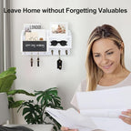 Mail and Key Holder – Wall Mount Key Hanger with Shelf and 7 Metal Hooks – Decorative Natural Paulownia Wood Entryway Organizer with Mounting Hardware (16.5”W x 8.7”H x 3.5”D) (White)