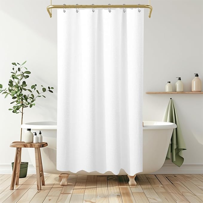Boho Shower Curtain Set, Waterproof Fabric Shower Curtains, Luxury Hotel Style, Waffle Texture, Heavy Duty, Extra Long Bath Curtain, No Hook, Bathroom Decor, 72x36 Inch, White
