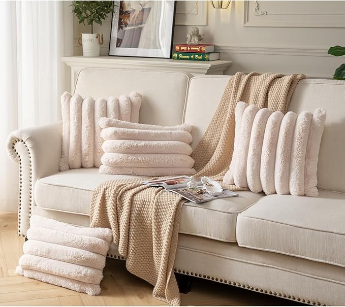 Faux Fur Plush Throw Pillow Covers 22x22 Inch Set of 2 - Luxury Decorative Fuzzy Striped Soft Cozy Pillowcase for Couch, Sofa, Living Room - Beige