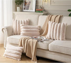 Faux Fur Plush Throw Pillow Covers 24x24 Inch Set of 2 - Luxury Decorative Fuzzy Striped Soft Cozy Pillowcase for Couch, Sofa, Living Room - Beige