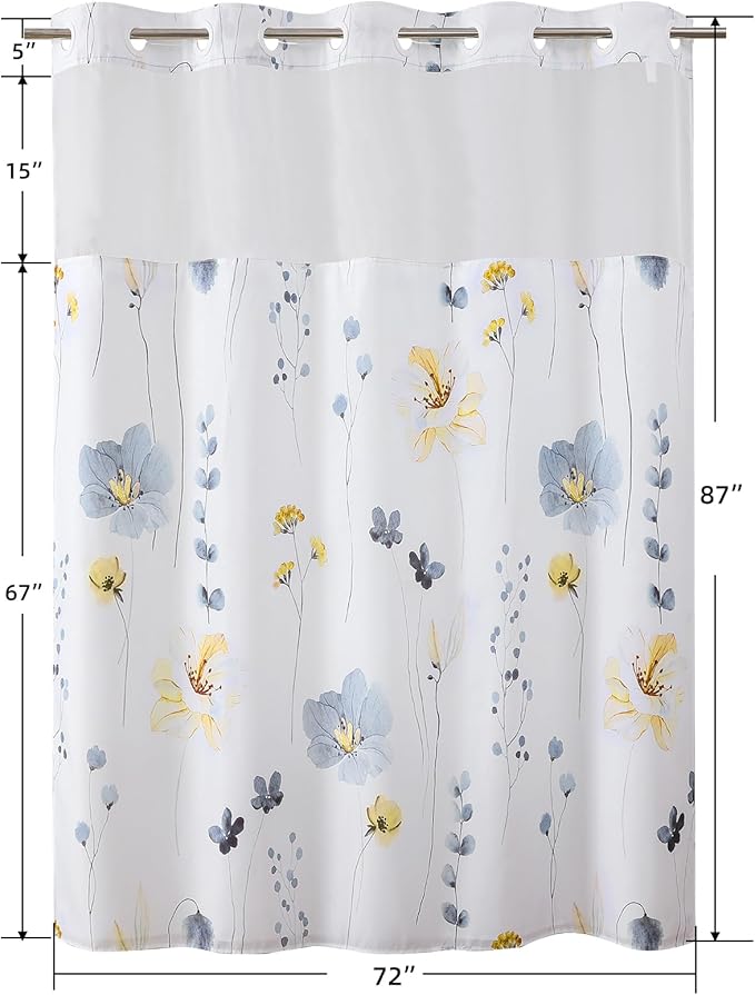QiyI Flower Shower Curtain with Snap in Liner, Blue and Yellow Watercolor Floral Cloth Bath Curtains, No Hook Shower Curtains with Mesh Top Window, Fabric Waterproof Bathroom Curtain Set, 72 x 87 Inch