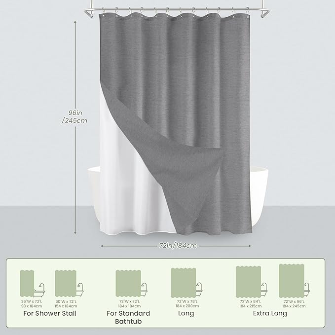 Inhousolu Boho Farmhouse Shower Curtain with Fabric Liner Set, Faux Linen Textured, 14 Metal Hooks Luxury Weighted Hem, Washable Wrinkle Free Bath Curtain for Hotel Bathroom 72" W x 96" L Grey