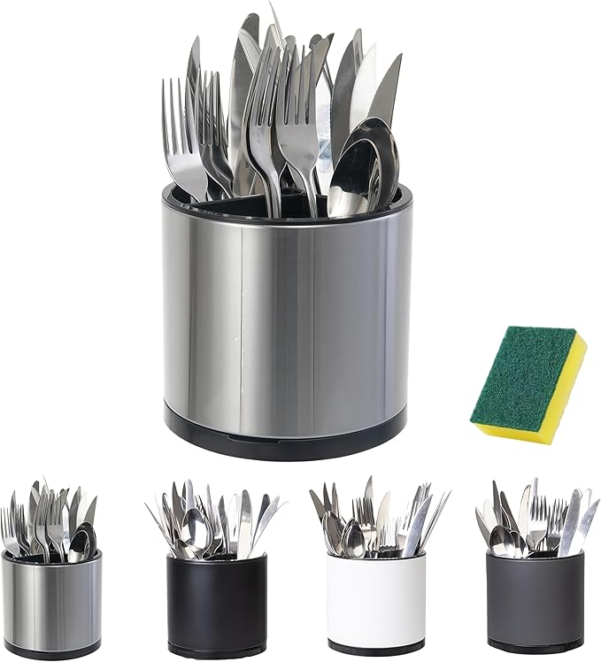 Utensil Holder,Kitchen Utensil Holder For Counter,Rotating Silverware Organizer Cooking Flatware Spoon Spatula Tool Cutlery Container Stainless Steel Caddy