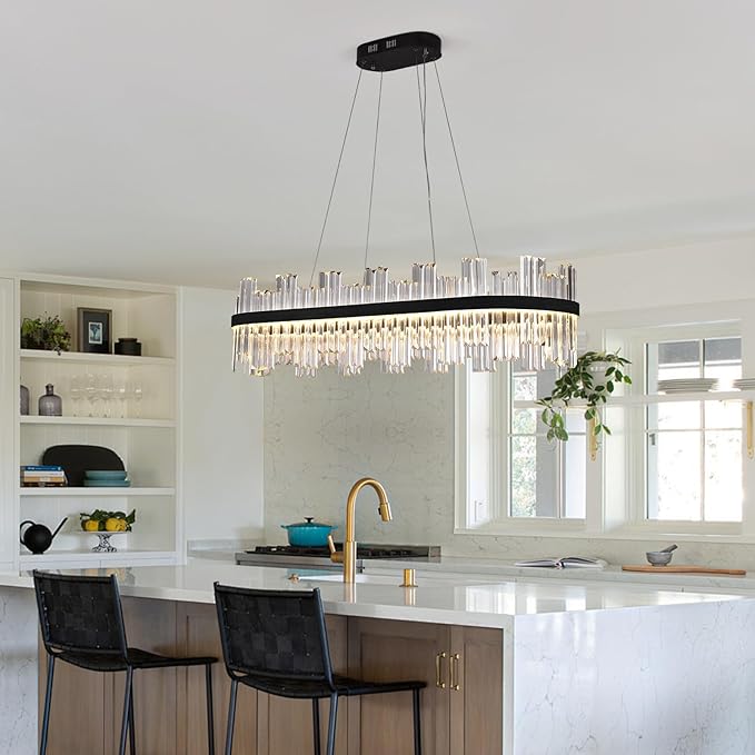 Black Led Modern Crystal Chandelier: 39.3" Rectangle Linear 3 Color Dimmable Chandeliers for Dining Room Over Table - Luxury Rectangular Contemporary Oval Light Fixture for Living Room Bedroom Foyer