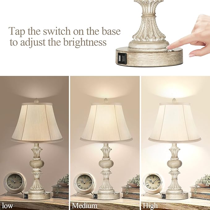 PARTPHONER Touch Control Table Lamp Set of 2, 3-Way Dimmable Bedside Nightstand Lamp with 2 USB Charging Ports, Rustic Farmhouse Desk Lamp with Faux Silk Shade for Living Room, Bedroom - Washed White