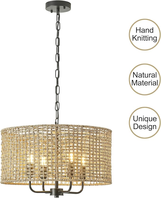 Rattan Wicker Drum Chandeliers for Dining Room, 4-Light Bohemian Hand-Woven Farmhouse Drum Pendant Chandelier Light Fixture for Entryway Living Room Kitchen Stairway Bedroom Hallway
