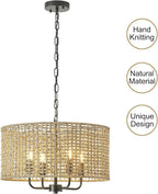 Rattan Wicker Drum Chandeliers for Dining Room, 4-Light Bohemian Hand-Woven Farmhouse Drum Pendant Chandelier Light Fixture for Entryway Living Room Kitchen Stairway Bedroom Hallway