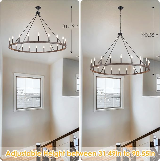 Wagon Wheel Chandelier 20-Light 48" Round Rustic Farmhouse Chandelier Light Fixture for High Ceiling Foyer Hallway Living Room Dining Room Kitchen Island