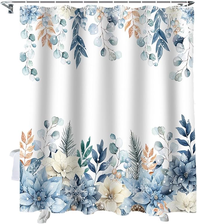Vandarllin Blue Christmas Poinsettia Shower Curtain, Winter Eucalyptus Leaves Shower Curtains Set with Hooks, Waterproof Fabric Bathroom Curtains Decor Home Accessories,Stall 48 X 72 Inch