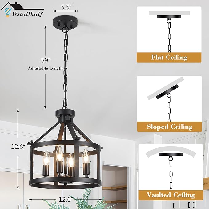 Cage Farmhouse Chandelier,Modern Pendant Light Fixture, Adjustable Height Industrial Black Chandeliers Pendant Light for Dining Room,Kitchen Island,Entryway-4 Light