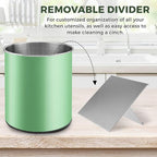 Bartnelli Extra Large Stainless Steel Kitchen Utensil Holder - 360° Rotating Utensil Caddy - Weighted Base for Stability - Countertop Organizer Crock With Removable Divider (Tea Green)