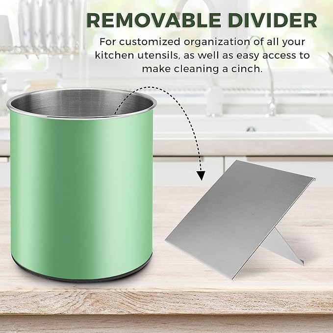Bartnelli Extra Large Stainless Steel Kitchen Utensil Holder - 360° Rotating Utensil Caddy - Weighted Base for Stability - Countertop Organizer Crock With Removable Divider (Tea Green)