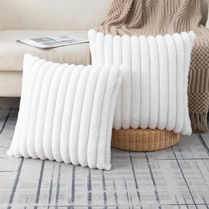 ZLINA Set of 2 Cream White Faux Fur Decorative Throw Pillow Covers Fluffy Striped Pillowcase Cushion Covers 22 x 22 Inch Decor Sofa Couch Bedroom