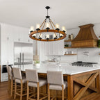 12-Light Wood Wagon Wheel Chandelier, 40-inch Round Vintage Hanging Light Fixtures with Seeded Glass Shade for Living Room Café Foyer E26