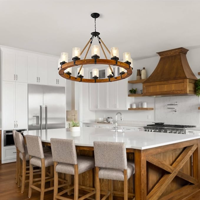 12-Light Wood Wagon Wheel Chandelier, 40-inch Round Vintage Hanging Light Fixtures with Seeded Glass Shade for Living Room Café Foyer E26
