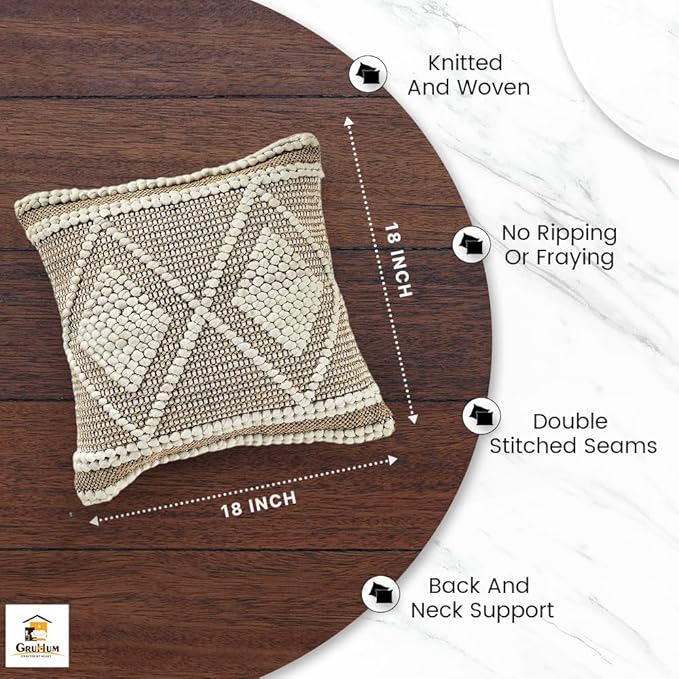 GRUHUM Throw Pillow Covers 18 x18 -Set of 2 Boho Pillow Cases Rustic Vintage Decorative Handwoven Sofa Couch Cover- Bedroom Farmhouse Living Room Bed Car Decor Modern Linen White Square 18X18 Inches