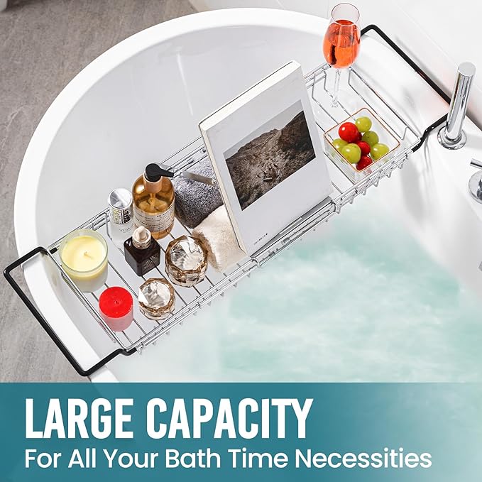 TAILI Bathtub Tray Table for Luxury Bath, Expandable Extra Wide Bthtub Caddy with Reading Holder, 304 Stainless Steel Over The Tub Bath Tray for Bathroom Accessories