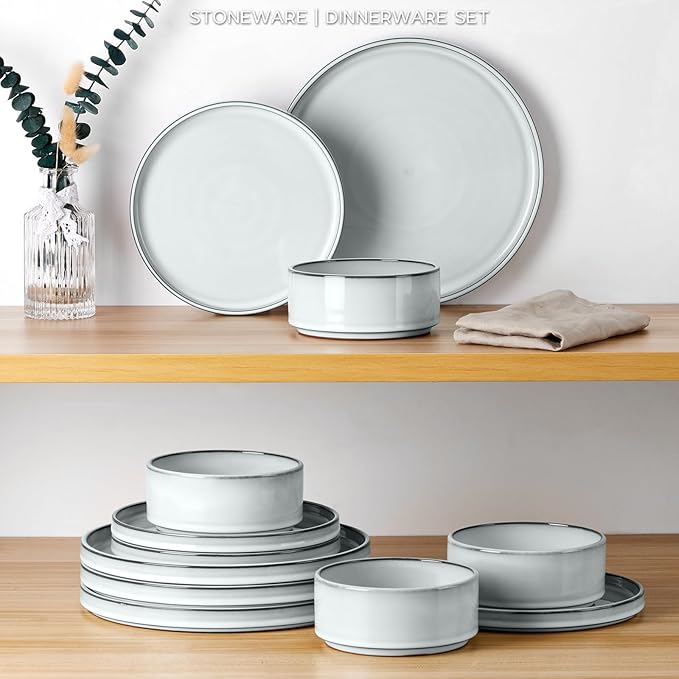 Onader Stoneware Dinnerware Sets, 12 Piece Plates and Bowls Dish Sets for 4, Ceramic Dishware Dining Ware with Rustic Terracotta Bottom - Glacier White