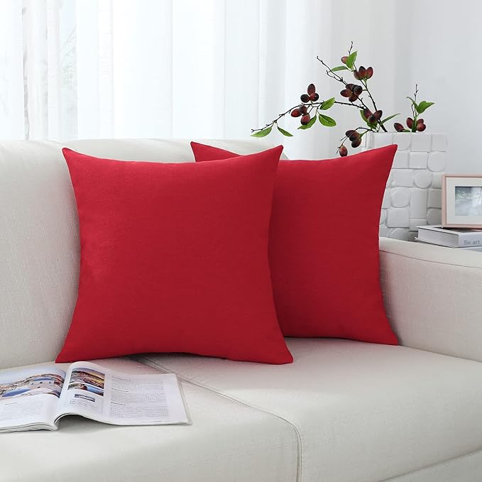 Jeneoo Decorative Christmas Red Throw Pillow Covers Rustic Farmhouse Square Linen Burlap Soft Comfy Solid Cushion Couch Cases for Sofa Living Room (Set of 2, 18 x 18 Inches)
