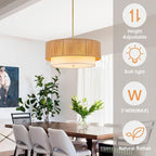 18'' Farmhouse Rattan Chandeliers for Dining Room,3-Light Boho Light Fixtures Rattan Pendant Light Fixture with Fabric Shade Drum Chandeliers for Bedroom Dining Room Foyer Kitchen Hallway