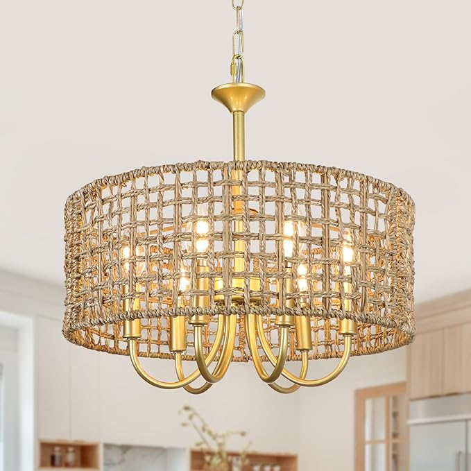 LynPon 17.7" Gold Rattan Chandelier Light Fixture, 6 Lights Boho Rattan Light Fixture with Hand Woven Wicker Shade, Farmhouse Vintage Chandelier for Dining Room Living Room Kitchen Bedroom Entryway