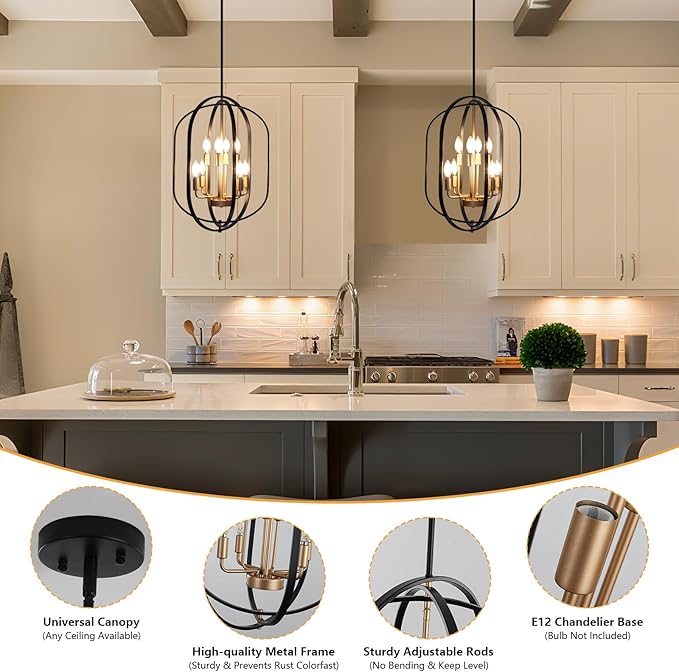 Black and Gold Chandelier for Dining Room, 8-Light Farmhouse Entryway Light Fixture Adjustable Pendant Lights Kitchen Island Rustic Kitchen Chandelier for Entryway, Living Room, Foyer