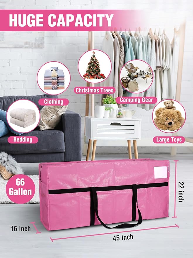 WORKPRO 66 Gallon Extra Large Moving Bags with Zippers, Carry Handles, Heavy-Duty, Water-Resistant Storage Totes for Moving & Space-Saving Organization, Pink