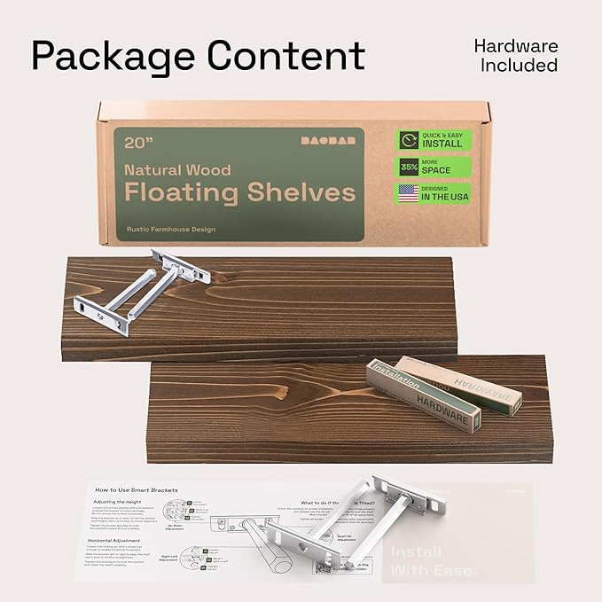BAOBAB WORKSHOP Wood Floating Shelves for Wall 20 Inch, Solid Real Wooden Bathroom Shelf, Heavy Duty Wall Shelf Mounted 20 in Kitchen Rustic Farmhouse, Walnut Floating Shelves, 20W × 6.7D, Set of 2