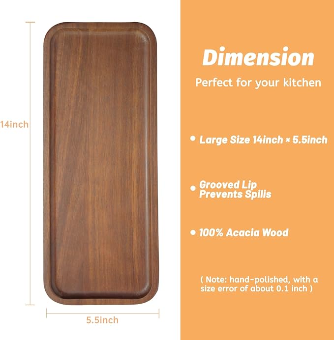 Acacia Wood Serving Platters and Trays - 14" x 5.5" Wooden Mini Charcuterie Boards, Small Cheese Board, Rectangle Wooden Tray for Kitchen Counter, Bathroom, Home Decor, Party (6, 14"X5.5")