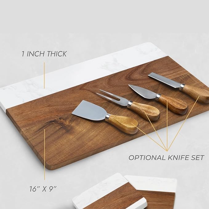 HomeWetBar Personalized Acacia Charcuterie Board | Custom 16" x 9" White Marble & Acacia Wood Cheese Board | Perfect Housewarming + Wedding + Couples Gift Idea