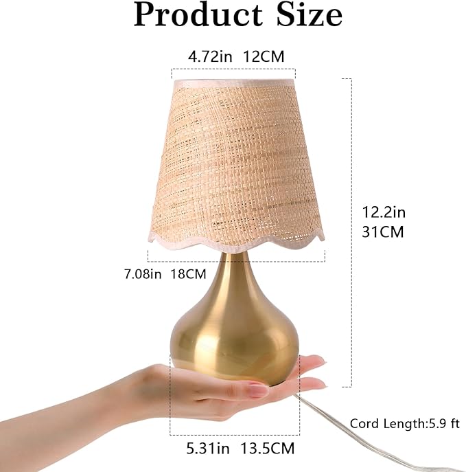 Gold Small Bedside Table Lamp Touche Control 3-Way Dimmable Brass Mini Table Lamps for Nightstand, Rattan Shade Small Table Lamps for Small Spaces for Kitchen Counter, Bookshelf, Bedroom