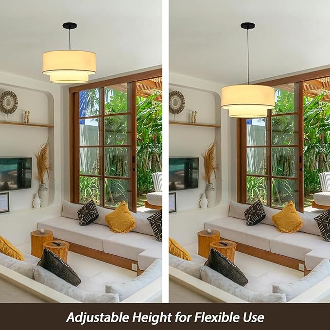Linen Drum Pendant Light, 18” Double Drum Dining Room Light Fixture with Linen Lampshade, 3-Light Drum Chandeliers for Dining Room E26 Bulb Base