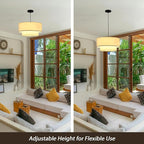 Linen Drum Pendant Light, 18” Double Drum Dining Room Light Fixture with Linen Lampshade, 3-Light Drum Chandeliers for Dining Room E26 Bulb Base