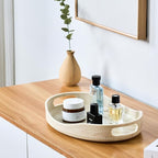 Beige Travertine Marble Serving Tray with Handles - 14x10 inches, Beaded Oval Decorative Tray, Countertop Ottoman Tray for Vanity, Living Room Entryway Table, Perfume Candle Display